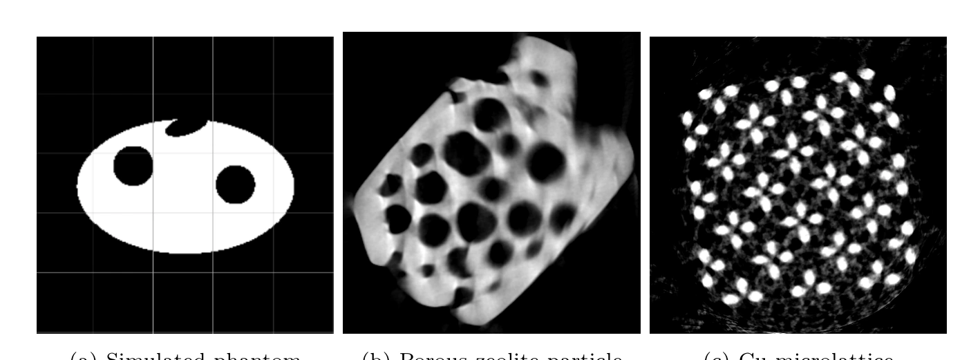 Published Figure 3: Three different datasets used in this study: (a) simulated phantom, (b) zeolite particle, (c) Cu microlattice